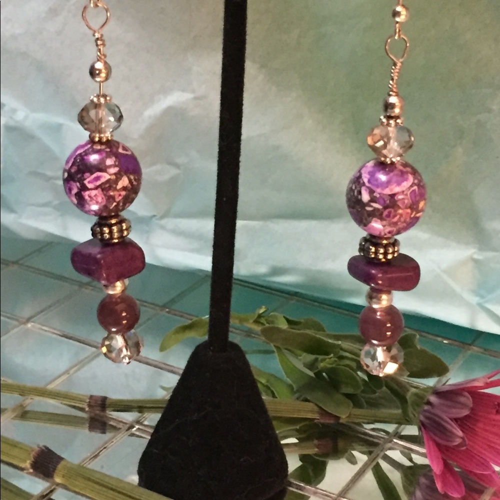 🇺🇸Purple & Pink Marble Bead Earrings Handmade - Picture 2 of 4